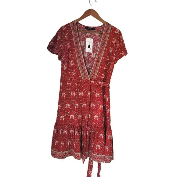 Zesica V Neck Dress Wrap Summer Boho Mini Print Dress Beach Casual Floral Size S - Picture 7 of 12